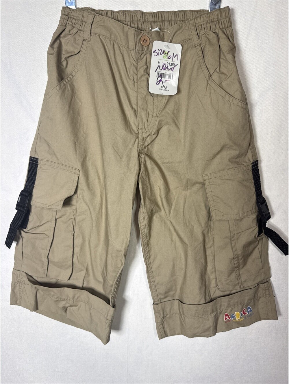 NWT Prenatal Boys Cargo Shorts Tan Khaki Size 6/7 Buckle Straps Africa Graphic